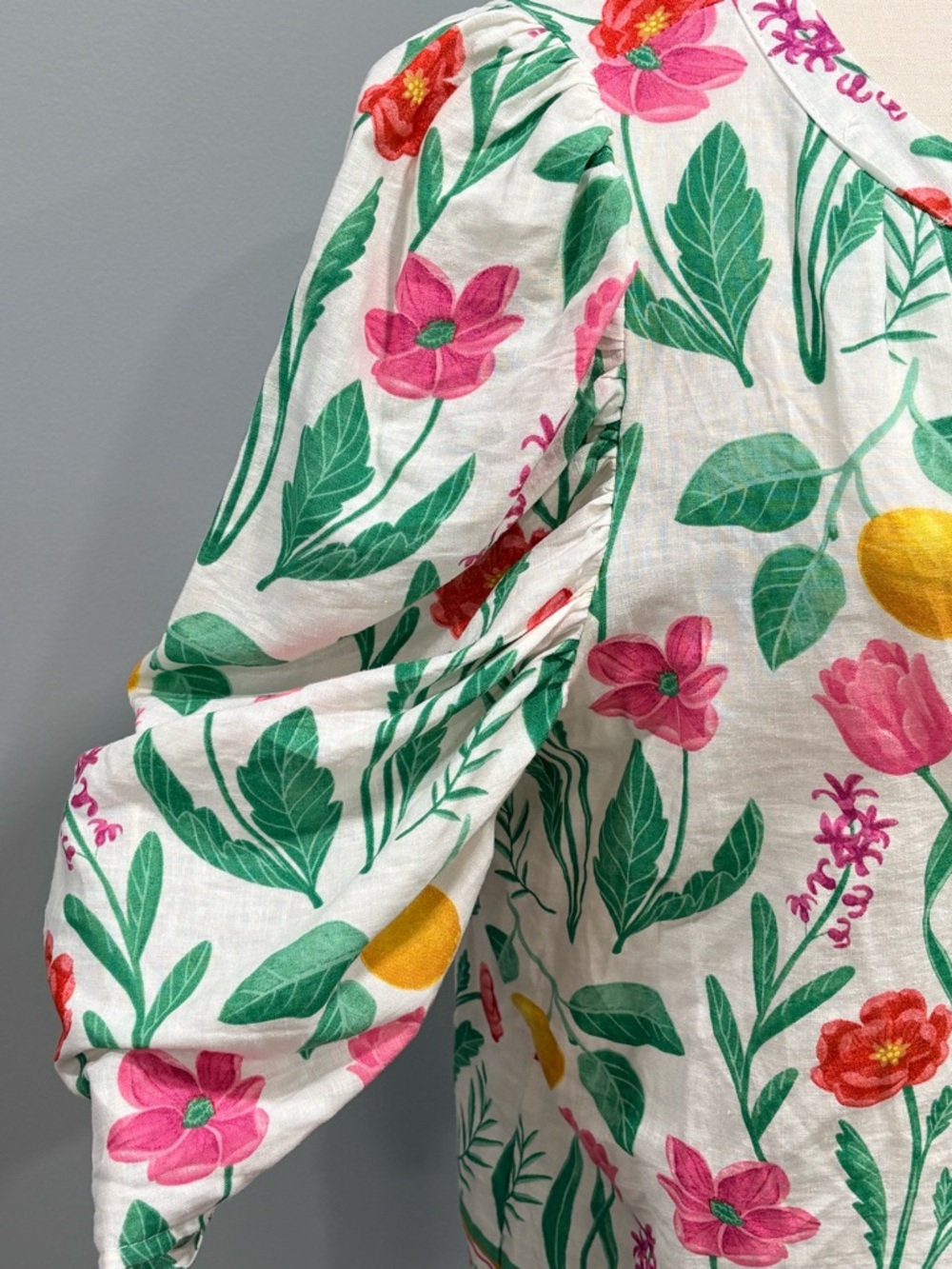 Rachel Zoe Linen Blend Pink Red and Yellow Lemons 3/4 Sleeve Tie Front Blouse XL - Picture 8 of 11
